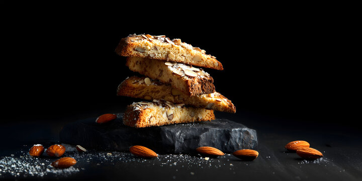 Creative food template. Stack of Classic crunchy Italian Almond Biscotti cantucci, on dark slab cement rock with salt and nuts scattered background. copy text space. Long banner
