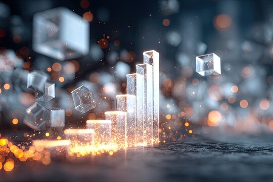Abstract artwork of a glowing bar graph ascending, surrounded by shimmering geometric forms