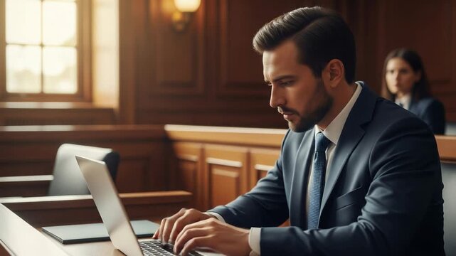 lawyer typing on laptop in courtroom