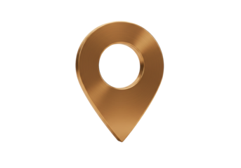 Golden map pointer PNG isolated on transparent background, location pin icon for navigation and travel apps