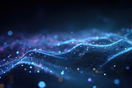 Abstract digital depiction of a flowing, textured mesh with illuminating particles, dark background