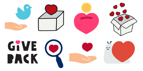 Charity and Donation Icons. Simple vector illustration of a hand releasing dove, donation box with heart, piggy bank heart with coin, "Give Back" text, magnifying glass with heart.