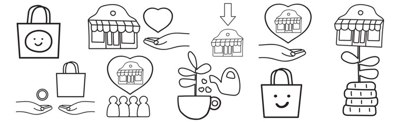 Shop Local Icons Outline Set. Minimal vector design of community symbols including local store, heart hands and shopping bag. Simple illustration collection.