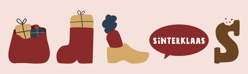 Sinterklaas Holiday Icons: Simple vector illustration of a bishop's mitre, boot with gift, shoe with carrot, chocolate letter S, and Sinterklaas speech bubble. Minimal design set.