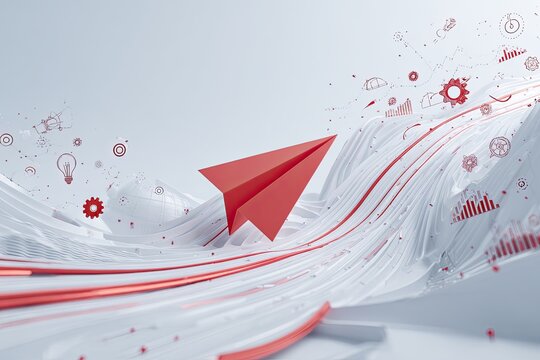 A red paper airplane flying over abstract white and red lines with infographic elements