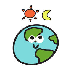 Simple vector illustration of a happy planet character watching the sun and moon. Minimal holiday design for winter solstice.