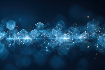 Glowing blue cubes with light trails and bokeh create a digital abstract design