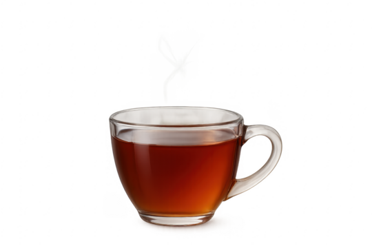 Hot tea in glass cup steaming transparent background