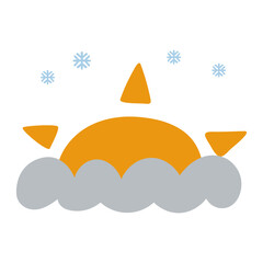Winter Solstice Sunrise. Simple vector illustration of a sun rising behind a cloudy horizon with snowflakes. Minimal holiday design.
