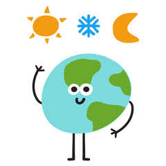 Winter Solstice, Simple vector illustration of a celestial badge with a planet, sun, moon and snowflake. Minimal holiday design.