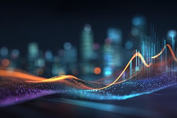 A vibrant digital graph overlays a blurred cityscape, suggesting complex data analysis