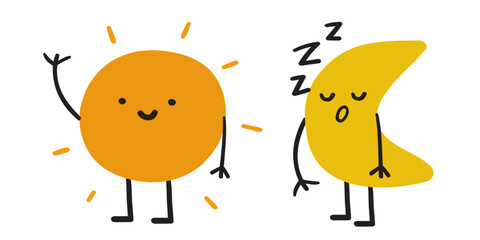 Longest Night Rest. Simple vector illustration of a sleeping moon and smiling sun characters. Minimal cute design for winter solstice.