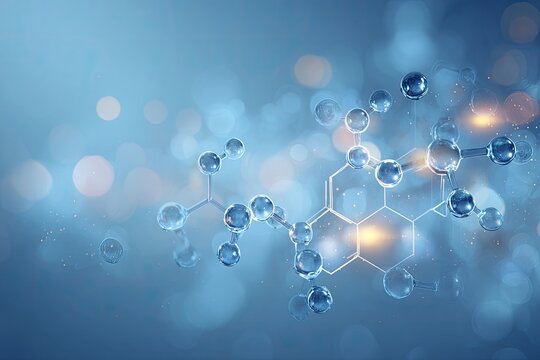 Molecular structure illustration with interconnected spheres, gradients, and bokeh for a science theme
