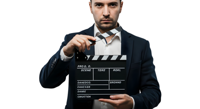 Portrait on black shows man holding clapperboard, film industry branding, movie marketing
