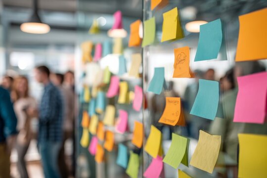 Brainstorming session with sticky notes on glass wall, focus on colorful notes. Tasks for the day. Marketing department office setup.