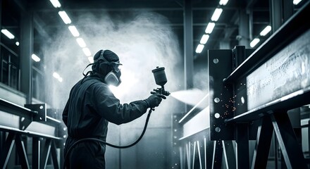 Professional airless spray painter coating steel beams in industrial warehouse using protective gear and spray gun (Industry)