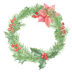Watercolor illustration of a Christmas wreath made of fir branches, holly and poinsettia. The wreath is decorated with berries and needles. It can be used in the design of postcards, holiday posters, 