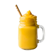 Mango Smoothie Delight: A vibrant mango smoothie overflows in a charming glass jar, accompanied by a stylish straw, embodying refreshment and natural flavors.