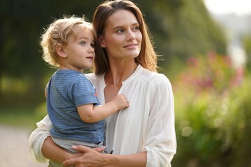 A Heartwarming Moment: A Mother Holding Her Child in a Sunny Outdoor Setting Surrounded by Nature's Beauty
