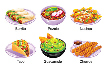 Set of popular Mexican food dishes including burrito wrap, pozole soup, nachos chips, taco, guacamole dip, and churros dessert. Vector cartoon illustration