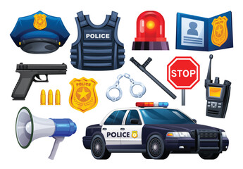 Police equipment set including a uniform cap, bulletproof vest, patrol car, siren, gun, handcuffs, badge, and stop sign. Vector cartoon illustration