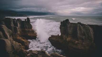 steadfast. A massive coastal rock formation enduring relentless ocean waves under dramatic lighting. travel magazines, destination branding, designed for outdoor magazines and nature guides.