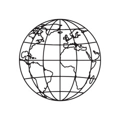 Stylized line art globe showing continents and meridians