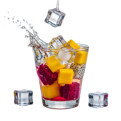 Tropical Delight: A vibrant cocktail glass bursts with colorful fruit chunks and crystal-clear ice cubes, as a refreshing splash of water cascades adding an invigorating touch.