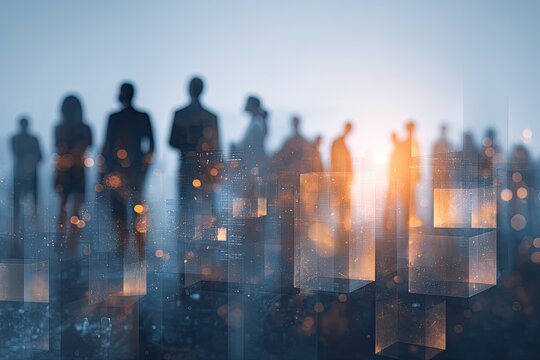 Silhouettes of diverse people with glowing cubes, blurred cityscape, and an ethereal light