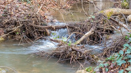 obstacles. A partially blocked stream with water flowing around branches and rocks. ESG reports, sustainability campaigns, designed for environmental awareness campaigns, used by product managers.