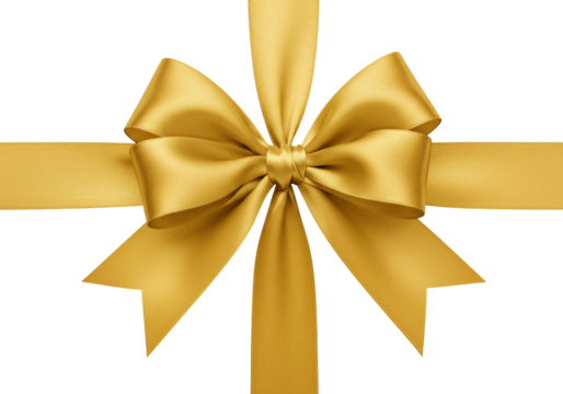 Golden ribbon bow isolated PNG on transparent background, festive decoration for gift wrapping and holiday designs