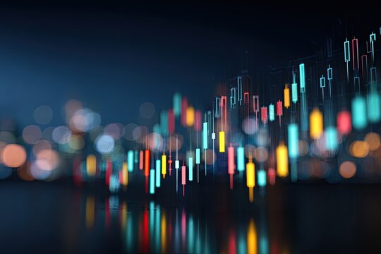 Digital candlestick chart against a blurred city background, representing financial market data
