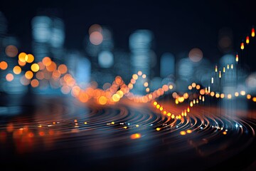 Bokeh lights and blurred city skyline create a financial data visualization, highlighting trends and growth