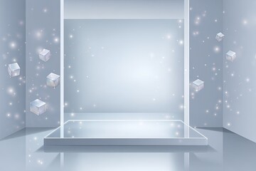 Interior scene with a platform, cubes, and glitter effect in a minimalist, modern, and bright style