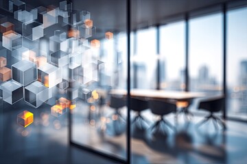 Abstract transparent cubes overlaid on a modern office with a blurred cityscape background