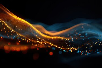 Abstract digital art featuring flowing light trails in orange and blue over a dark background