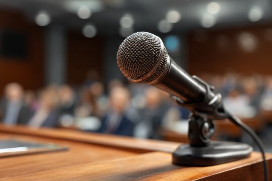 Microphone at city hall meeting  or conference, on council podium, blurred audience background. Public talk. 