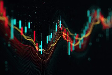 Abstract digital depiction of fluctuating financial data with bar charts and curved lines