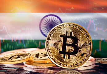 Bitcoin with India flag in the background. Investors in cryptocurrency and Blockchain Technology in India, Concept