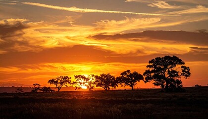 Golden sunset over a field with silhouetted trees and vibrant orange clouds illuminating the horizon creating a dramatic and breathtaking natural landscape scene