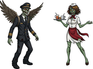 Zombie pilot and undead flight attendant, horror airline crew, creepy aviation theme, dark fantasy illustration, apocalyptic characters, scary flight zombies