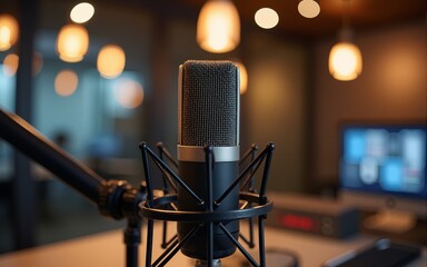 Radio station microphone in recording studio or broadcast room, working place of radio host, close up. High quality