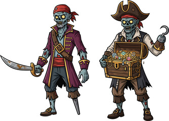 Zombie pirate characters with sword and treasure chest illustration, undead sailors cartoon artwork for Halloween, fantasy, horror, adventure, and spooky design