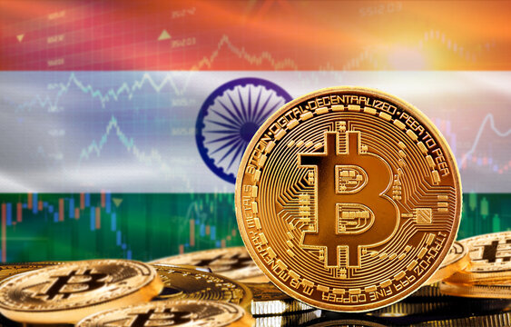 Investors in cryptocurrency and Blockchain Technology in India, Concept. Bitcoin with India flag in the background