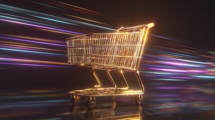 A gleaming golden shopping cart speeds through a digital landscape embodying online retail therapy with bright streaks
