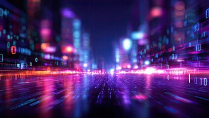 A digitally rendered city street at night, vibrant with neon lights and binary code