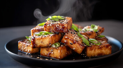 Seared Firm Tofu with Teriyaki Glaze and Garnish on Plate