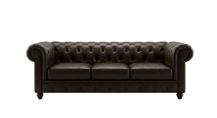 Brown leather Chesterfield sofa features button tufting against a dark backdrop. It's ideal for home decor, interior design, and furniture advertisements.