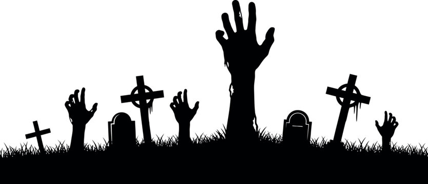 Silhouette of rising zombie hands and gravestones in a graveyard for halloween celebrations vector