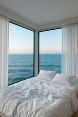 Interior design of a bedroom with sea view. Hotel
